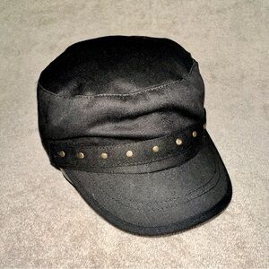 D&Y Black Studded Cadet Hat Y2K Military Cap Buckle Detail Elastafit One Size OS